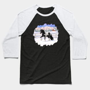 Black Pinto Piebald Gypsy Vanner Draft Horse Trotting in Snow Baseball T-Shirt